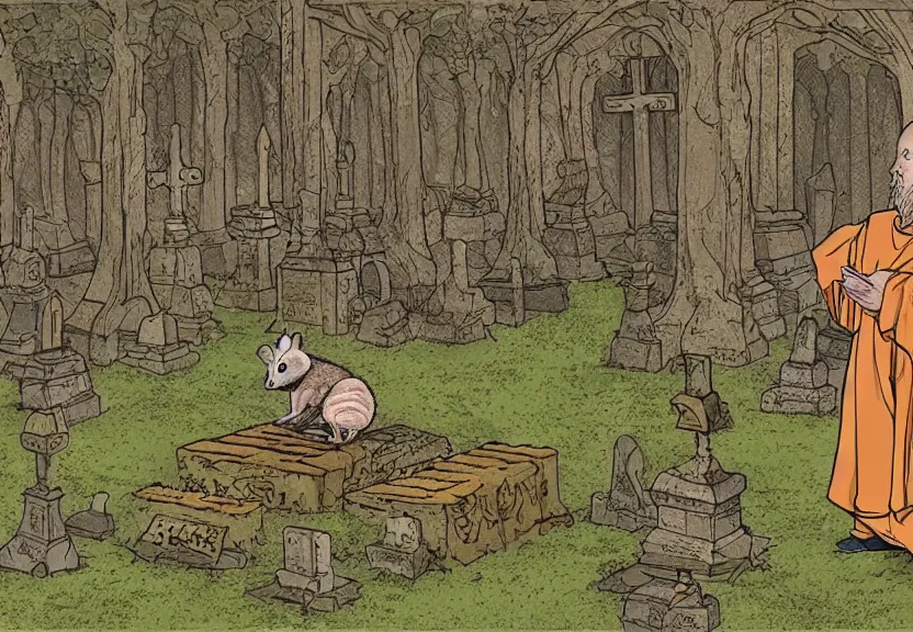 Prompt: a possum dressed like a monk at a medieval cemetery in the middle of the forest at night, isometric, highly detailed, digital art