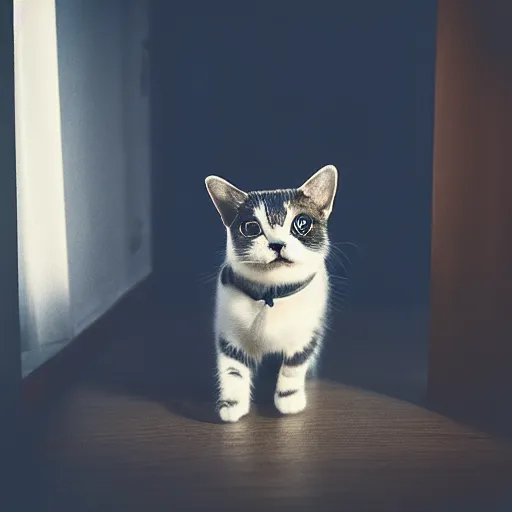 Image similar to cute cat with tiny undersized legs, big head, cinematic lighting, beautiful composition