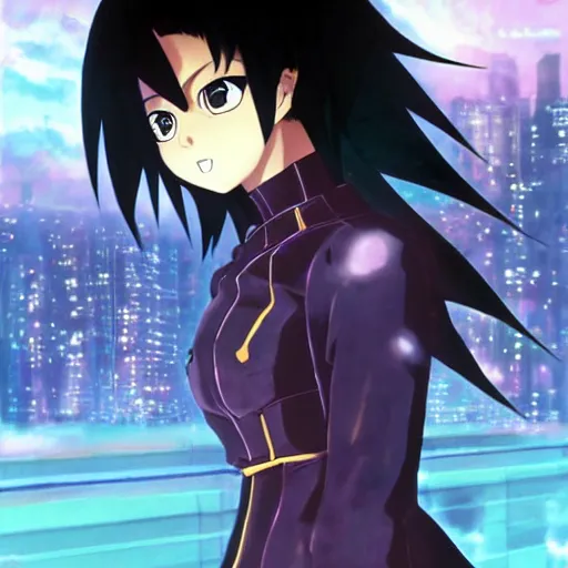 Image similar to 1 7 - year - old black haired anime goth girl wearing gothic jacket, spiky hair, super saiyan aura, floating above roof, futuristic city in background, 2 0 0 1 anime, subsurface scattering, intricate details, art by toei, art by studio gainax, studio trigger art