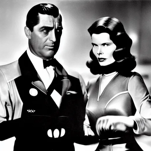 Prompt: Still of Cary Grant as Iron Man and Katharine Hepburn as Black Widow in the Avengers