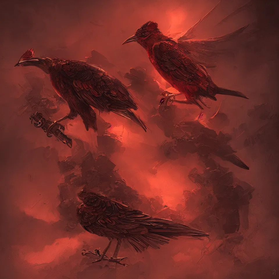 Image similar to a detailed concept art of a steampunk bird by miguel nogueira, gradient dark red, dynamic lighting, cinematic, epic composition, masterpiece