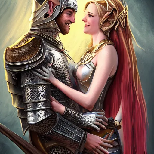Image similar to portrait of a human knight with his elven wife smiling, fantasy, medieval, sharp focus, realistic, concept art, trending, high detail, elegant woman, intricate facial detail, masterpiece, high resolution, man, woman