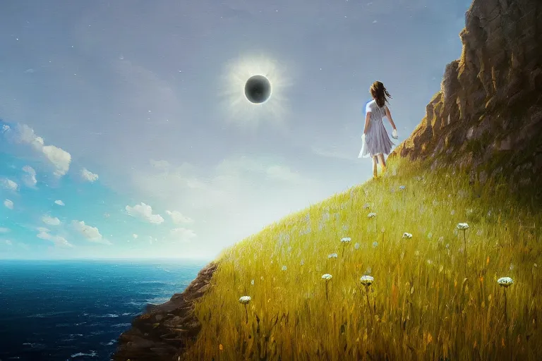 Image similar to giant white daisy flower head, girl walking on cliff, surreal photography, solar eclipse, milky way, dramatic light, impressionist painting, clouds, digital painting, artstation, simon stalenhag