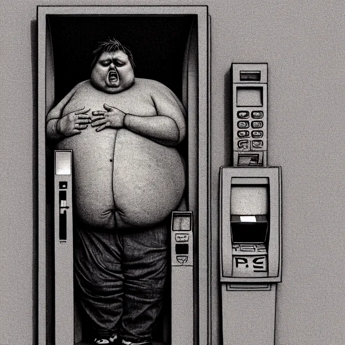 Image similar to hyperrealistic mixed media portrait of a mordidly obese man using an ATM machine, despair, depressing and hopeless vibe, stunning 3d render inspired art by P. Craig Russell and Barry Windsor-Smith + perfect facial symmetry + dim volumetric lighting, 8k octane beautifully detailed render, post-processing, extremely hyperdetailed, epic composition, grim yet sparkling atmosphere, cinematic lighting + masterpiece, trending on artstation