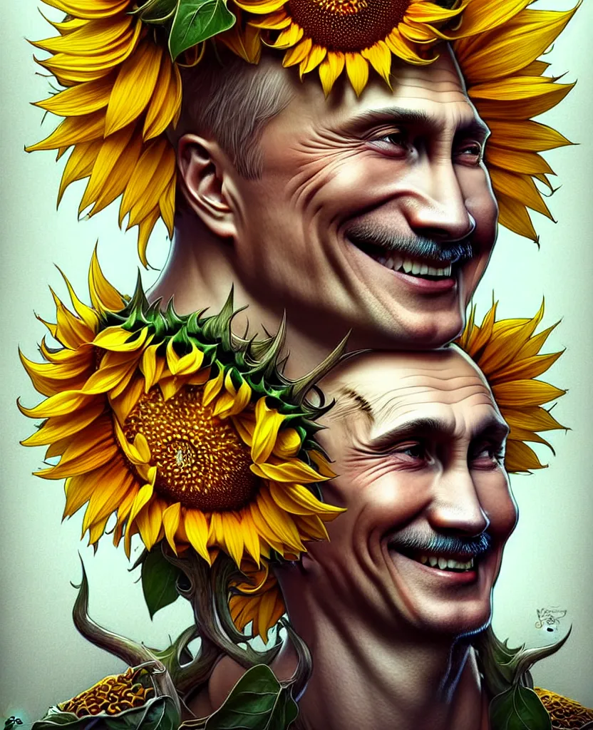 Image similar to digital art, centered full body of Putin smiling king, Sunflower crown, ,intricate, veins, by James Jean and by artgerm , by ross tran ultradetailed, charachter design, concept art, trending on artstation,