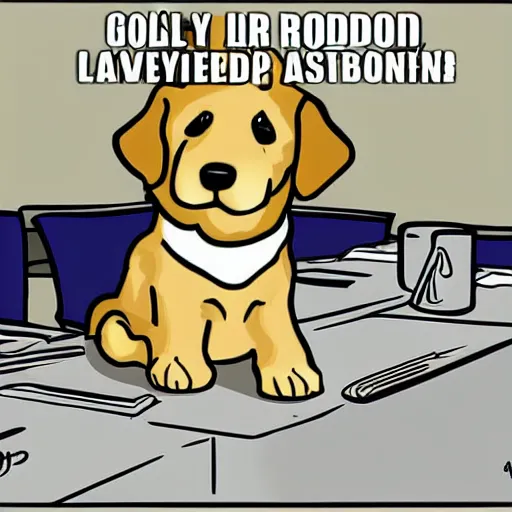 Image similar to golden retriever puppy sitting at in a boardroommeeting, looking tired, in the style of dilbert, scott adams, comic strip,
