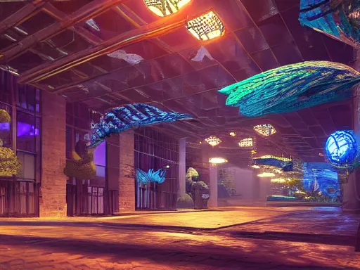 Prompt: an elaborate filigreed convoluted biopunk underwater streetcorner environment, school of fish, glass panes, glowing lights, fronds, branches, art nouveau, dramatic lighting, 3 - d render, photorealism, unreal engine