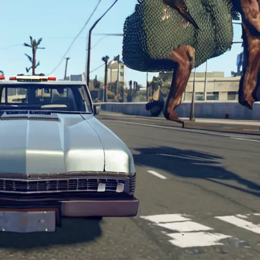 Image similar to GTA V arnold schwarzenegger screenshot stealing a cop car