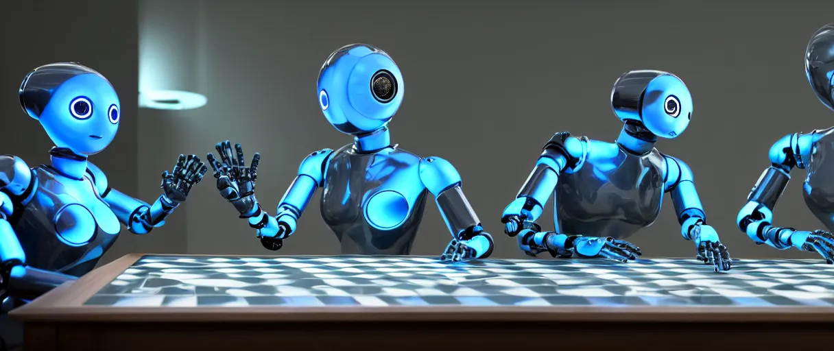 Image similar to a highly detailed photo of two futuristic matte blue full humanoid robots with glowing led eyes and chrome accents, sitting on large midcentury recliners facing off in an intense game of checkers. cinematic movie photograph, cinematic lighting, arri alexa, extremely detailed, smooth, very very clean, 8 k, octane render, maya render, unreal engine, trending on artstation, dslr