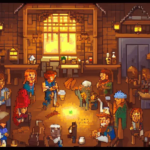 Image similar to A warm lit tavern filled with adventurers, pixel art, detailed