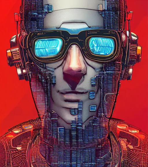 Prompt: a cyberpunk man with multiple digital patchwork faces, techwear, Industrial Scifi, detailed illustration, character portrait, by Martin Grip and Moebius