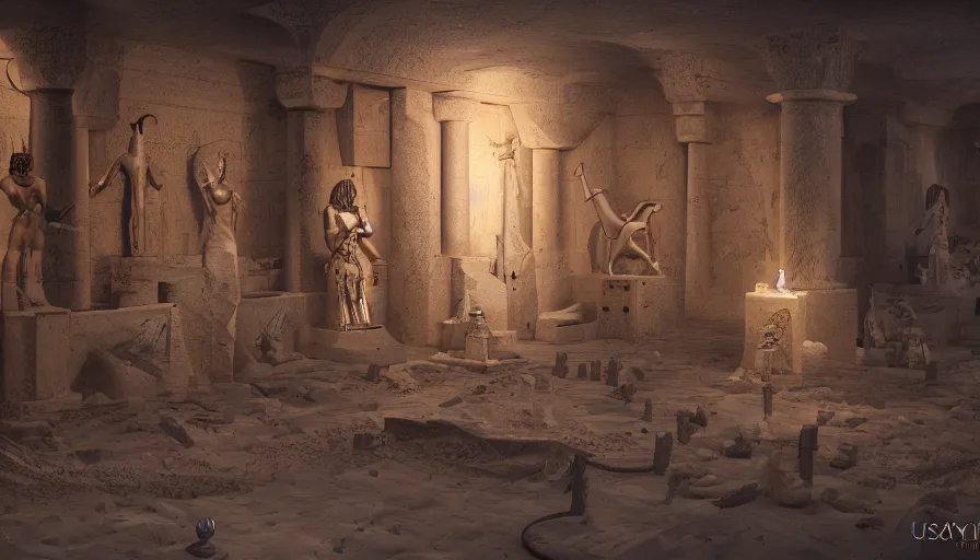 Image similar to egyptian crypt with torchs, cobwebs and statues, sand, adventure, hyperdetailed, artstation, cgsociety, 8 k