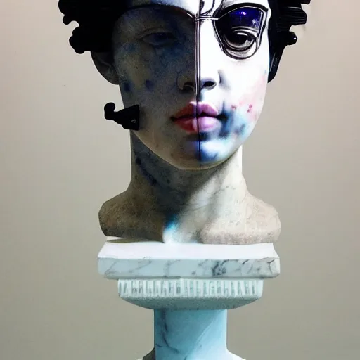 Image similar to Sandra Chevrier, floating vaporwave marble head bust, award winning masterpiece with incredible details, Zhang Kechun, a surreal vaporwave vaporwave vaporwave vaporwave vaporwave painting by Thomas Cole of a floating old pink mannequin head with cables and wires coming out of it's neck, sinking underwater, highly detailed
