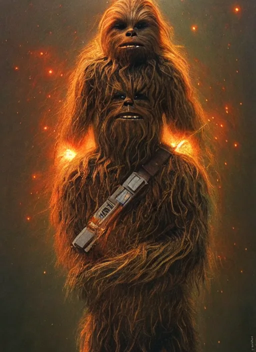 Image similar to chewbacca hyperdetailed hell armor, facing an asteroid meteor, fire, beksinski, trending on artstation