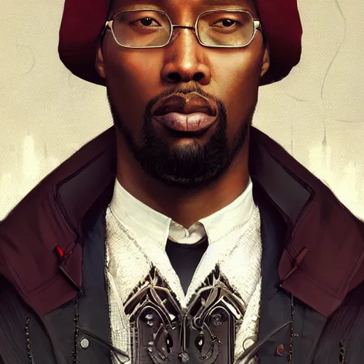 Image similar to a portrait of rza as a wizard, upper half portrait, urban motifs, intricate, elegant, highly detailed, digital painting, trending on artstation, concept art, smooth sharp focus, illustration, art by artgerm and greg rutkowski