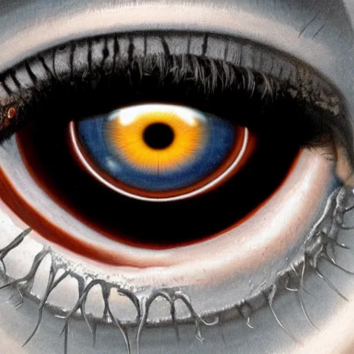 Prompt: closeup of a eye with many pupils by peter elson