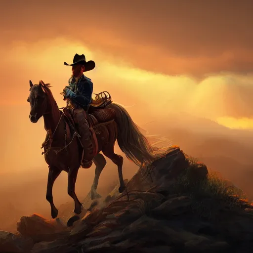 Prompt: cowboy on a hill, colorful, dramatic lighting, detailed, intricate, elegant, highly detailed, digital painting, artstation, concept art, smooth, sharp focus, illustration