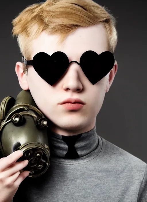 Prompt: closeup of young russian man with blonde hair wearing heart shaped sunglasses and a gasmask, portrait, extremely detailed, realistic, photorealistic, photo, metro 2 0 3 5