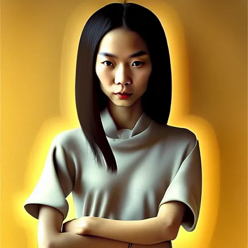 Image similar to beautiful portrait of an enthusiastic, dainty, slim, delighted vietnamese, ( waitress ) girl, stunning, intelligent, fashionable, vivid!!, sharp, crisp, ultra ambient occlusion, reflective, universal shadowing, fantasy art, extremely even lighting, art by wlop, vladimir kush!!, ilya, yasar vurdem