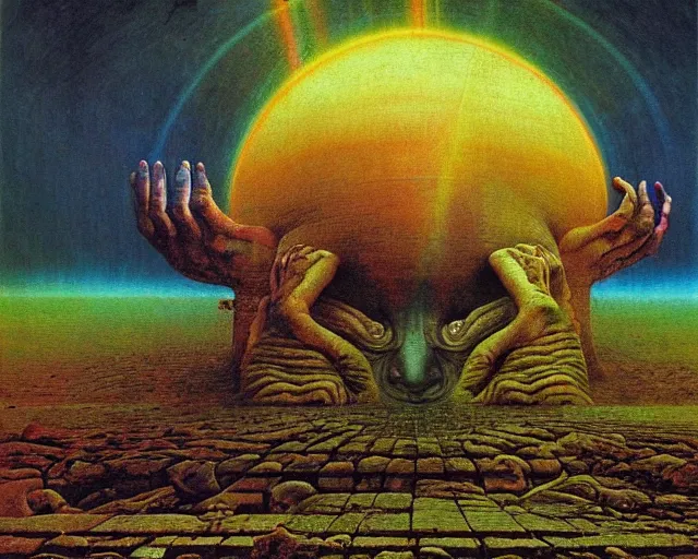 Image similar to praying to ancient gods of transitioning by beksinski, carrington, bosch, dali, barlowe, magritte, pagan bright multirainbow colors