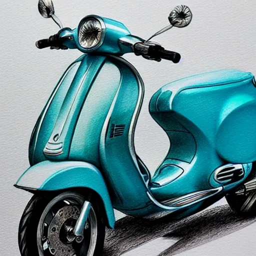 Image similar to hyper realistic pencil drawing of a turquoise vespa moped, loose water color, detailed, rim light, diffused, intricate, by anna dittmann,