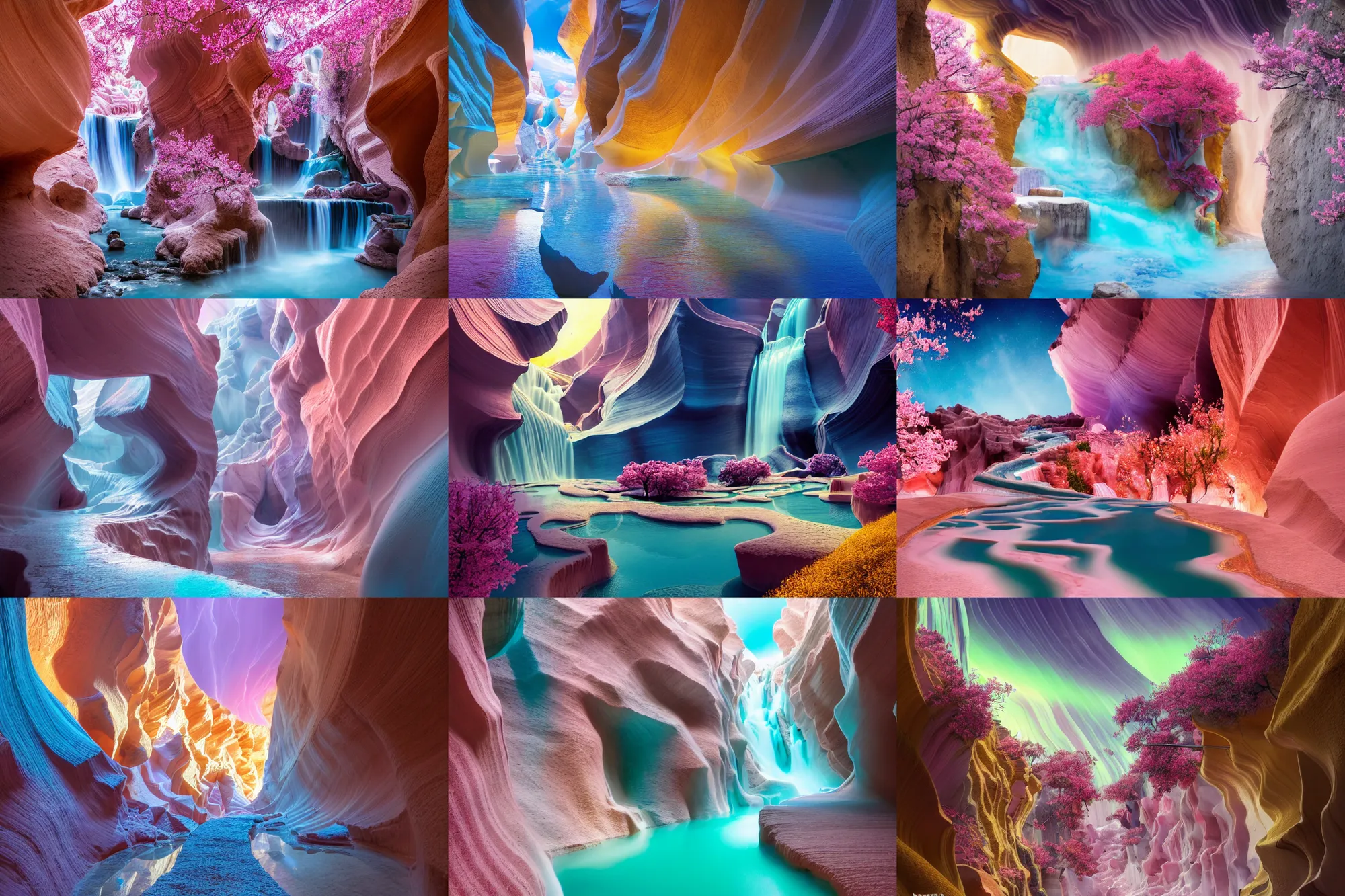 Prompt: kyoto street on pamukkale thermal waters flowing down gold travertine terraces in royal blue antelope canyon during sakura season on an interstellar aurora borealis with heavy thunder and lightning, pink waterfalls, flowers, by peter mohrbacher, james jean, james gilleard, greg rutkowski, vincent di fate, rule of thirds, octane render, beautiful landscape