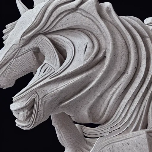 Image similar to biomechanical horse made of marble, fractal 3 d structure, intricate details, octane render