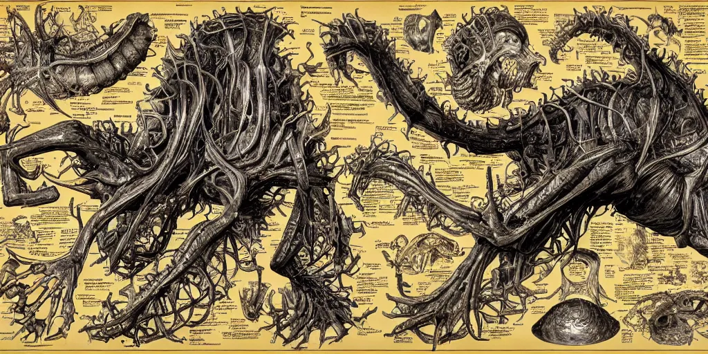 Prompt: highly detailed labeled medical anatomy poster of a eldritch beast, poster paper with notes, well - lit, ray tracing, detailed, mechanism, forbidden - knowledge, intricate details, gold and silver ink, by kentaro miura, marco bucci