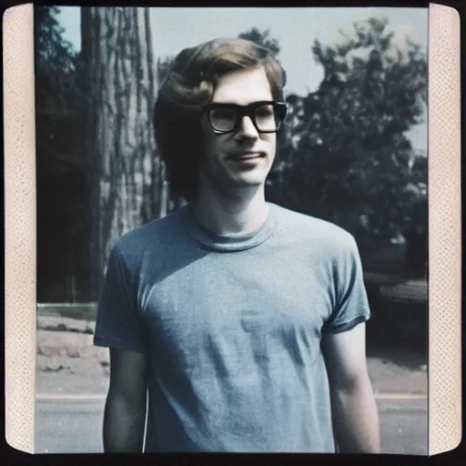 Prompt: photo from the 7 0 s of a medium haired redhead guy with a t - shirt and high pants, large glasses, polaroid