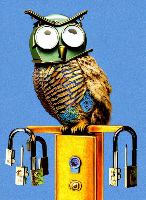 Image similar to colored pencil and pen drawing of an animatronic robot owl, bird made from rusty old keys and padlocks, space background, 8 k photorender realityengine