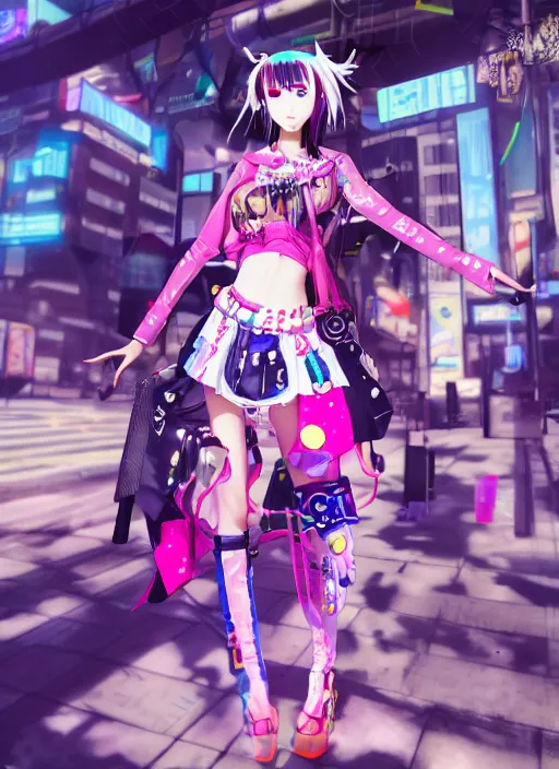 Image similar to anime, vrchat, secondlife, imvu, 3 d model of a girl wearing harajuku colorful clothes, cyberpunk armor, cyborg, pop colors, kawaii hq render, detailed textures, artgerm artstationhd, booth. pm, highly detailed attributes and atmosphere, dim volumetric cinematic lighting, hd, unity unreal engine