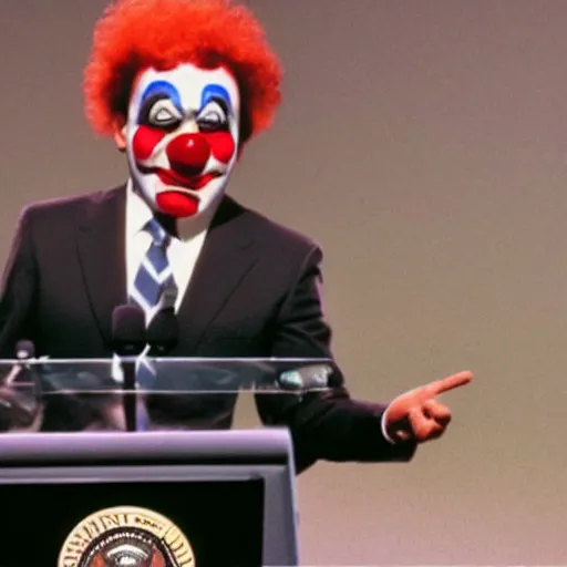 Image similar to photo of an 8 0's television with a president that has a clown face giving a speech