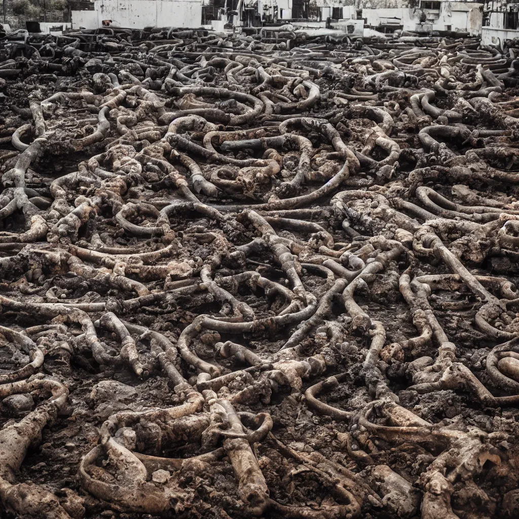 Prompt: corpses and bones buried in oil and crossed by rusty pipes in a glowing iridiscent lake, leica, 2 4 mm