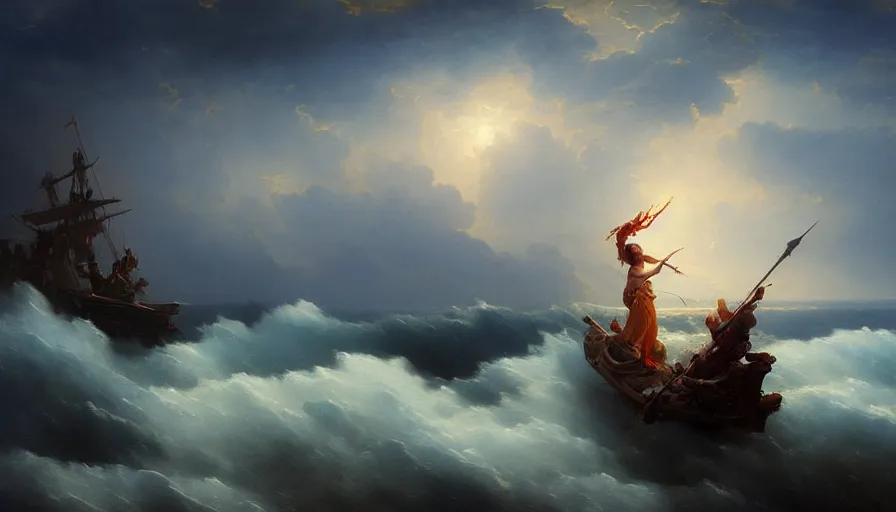 Image similar to 8 k art photography shot art shot, hyperrealistic, hyperdetailed, super detailed, uhd, uhd, 8 k, high resolution, goddess of war floating over the oceans with baroque clouds, painting by ross tran and ivan aivazovsky