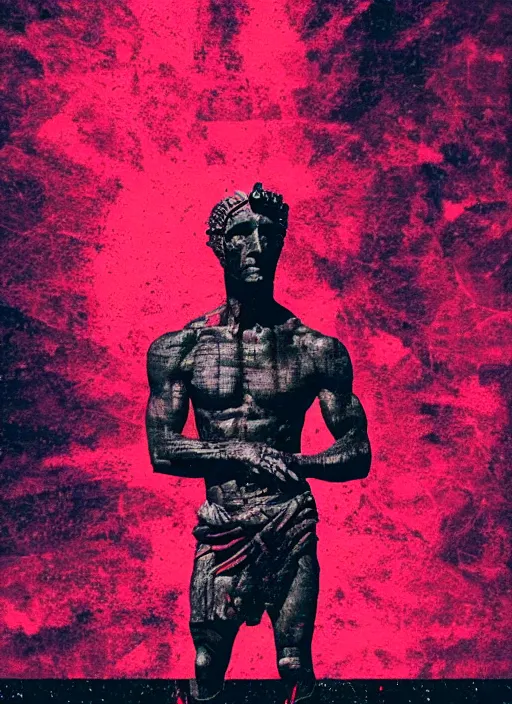 Image similar to black background with subtle red and purple design elements, statue of julius caesar, nekro, abstract art, thin lines, dark, glitch art, neo vaporwave, gritty, layout frame, trending on artstation