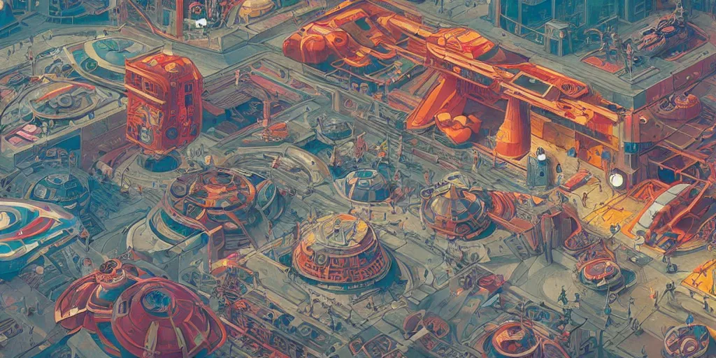 Prompt: a colorful futuristic marketplace, Industrial Star Wars Scifi, detailed illustration, character design, intricate, by Martin Grip, Wes Anderson, hieronymus bosch and Moebius