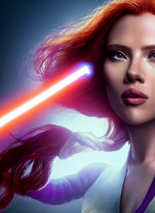 Image similar to scarlett johanson portraying a beautiful mara jade from star wars legends, in a black suit holding a purple lightsaber, movie, hyper realistic, hollywood promotional image, imax, 8 k