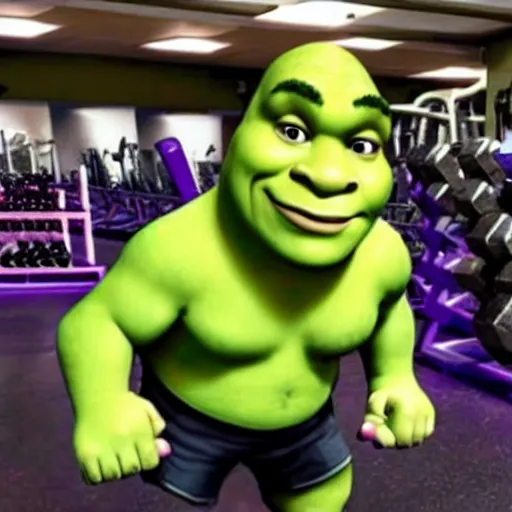 Image similar to shrek goes to the gym to get ripped