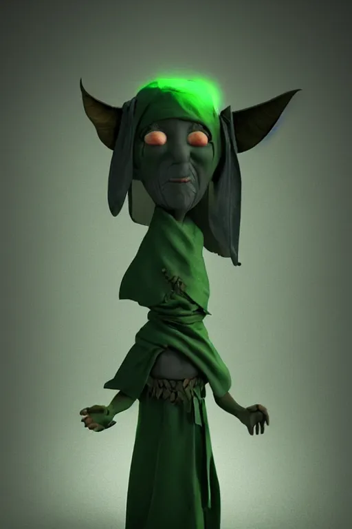 Image similar to A cute shaman with no nose, glowing eyes and a very long hooded dark green cloak of leaves by Vivien Lulkowski and Julien Kaspar, 3D render, stylized, Cycles Render