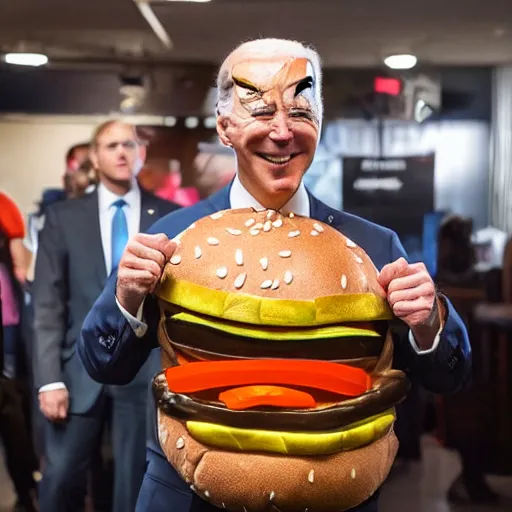 Prompt: joe biden, wearing a costume that looks like a burger, photograph, dancing, burger costume, 4 k