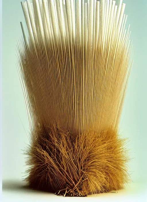 Image similar to realistic photo of a a modern brushwood and straw astronomy archeology scientific equipment gadget sculpture made of brushwood, with white fluffy fur, by dieter rams 1 9 9 0, life magazine reportage photo, natural colors, metropolitan museum collection