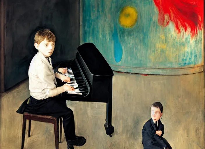 Prompt: portrait of a child piano player in suit waiting, vincent lefevre and hernan bas and pat steir and hilma af klint, psychological, photorealistic, dripping paint, washy brush, rendered in octane, altermodern, masterpiece
