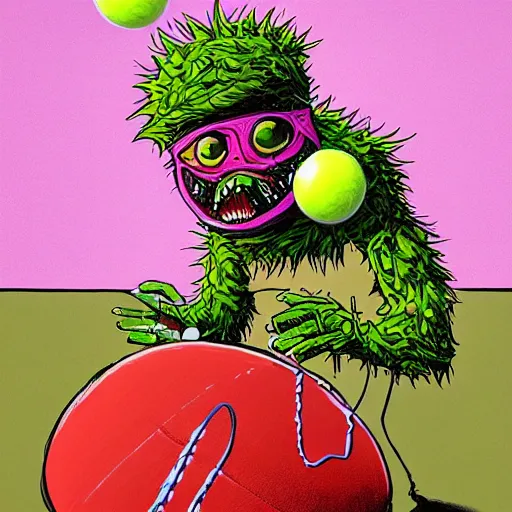 Prompt: a tennis ball monster rapper, hip hop, digital art, fantasy, magic, trending on artstation, ultra detailed, professional illustration by Basil Gogos