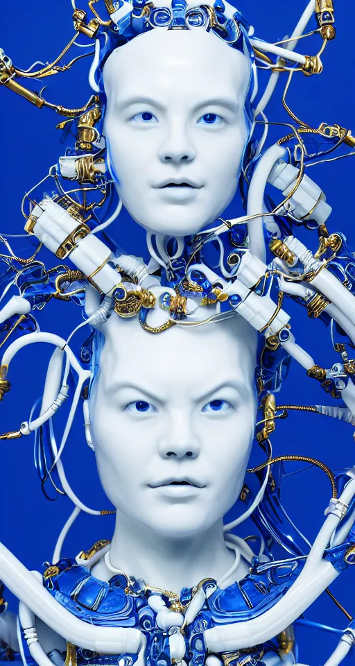 Prompt: portrait of a graceful cyborg, made of porcelain of delft, blue of delft with kintsugi, golden mechanical details, fluid cables, blue led details, octane, 8 k resolution, detailed, realistic