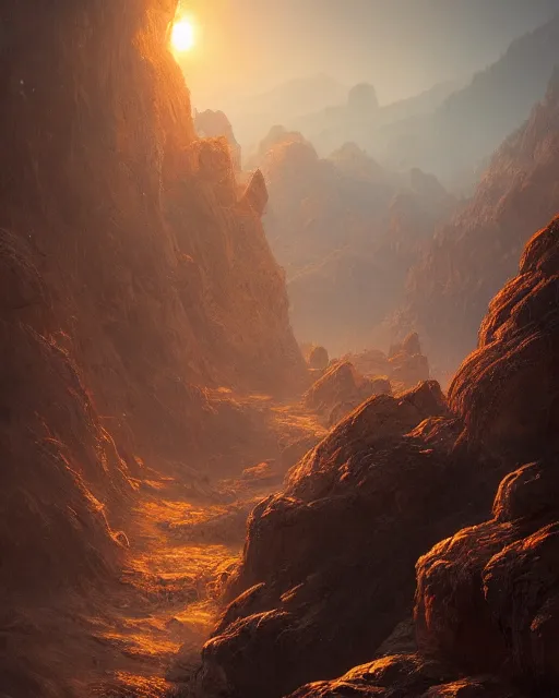 Image similar to double sunrising in the valley of fire, terrifying, environment art, fantasy art, landscape art, in the style of greg rutkowski, illustration, epic, fantasy, intricate, hyper detailed, artstation, concept art, smooth, sharp focus, ray tracing