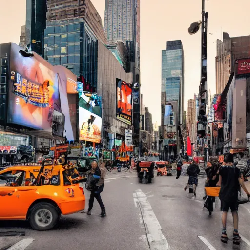 Prompt: a photo of an orange elephant on a skateboard, in times square at sunset