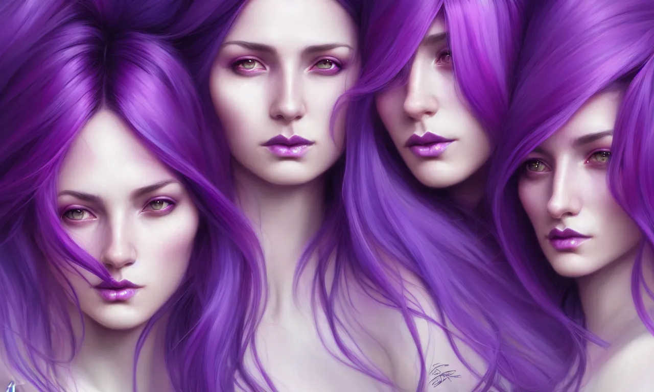 Image similar to Purple hair relistic Portrait of a three woman with bright colored flying hair, all shades of purple. Beauty face, Hair coloring, fantasy, intricate, elegant, highly detailed, digital painting, artstation, concept art, smooth, sharp focus, illustration, art by artgerm and greg rutkowski and alphonse mucha