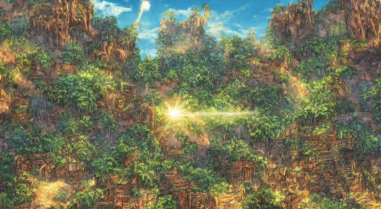 Prompt: marketplace fabric jungle dirt wall fortress a spectacular view cinematic rays of sunlight comic book illustration, by john kirby