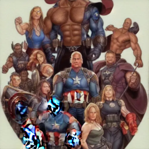 Image similar to A group photo of the Avengers but it's all Dwayne Johnson, western, D&D, fantasy, intricate, elegant, highly detailed, digital painting, artstation, concept art, matte, sharp focus, illustration, art by Artgerm and Greg Rutkowski and Alphonse Mucha