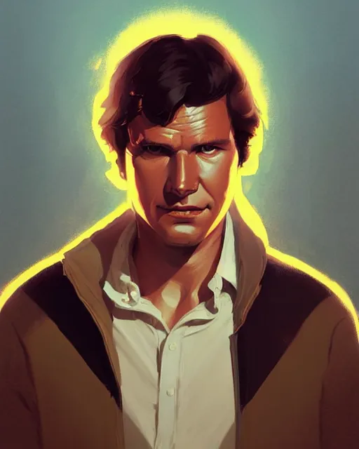 Image similar to portrait of man with dark hair and golden eyes, han solo, by atey ghailan, by greg rutkowski, by greg tocchini, by james gilleard, by joe fenton, by kaethe butcher, dynamic lighting, gradient light blue, brown, blonde cream and white color scheme, grunge aesthetic